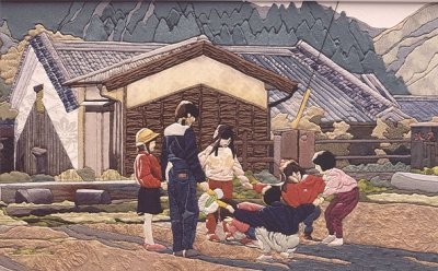 Кинусайга - лоскутная аппликация шелком на  дереве